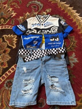 Racing Graphic Kids Short Sleeve Top - Blue/White with Jean Short